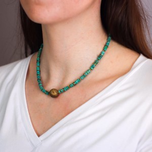 Naszyjnik klasyczny turkus złoty hematyt i agat