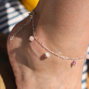 Bransoletka na nogę ametyst, kwarc różowy i kamień księżycowy