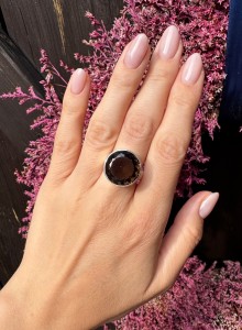 Pierścionek kwarc dymny  okrągły    Fasetowany 