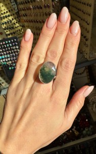 Pierścionek agat zielony mszysty owal  fasetowany